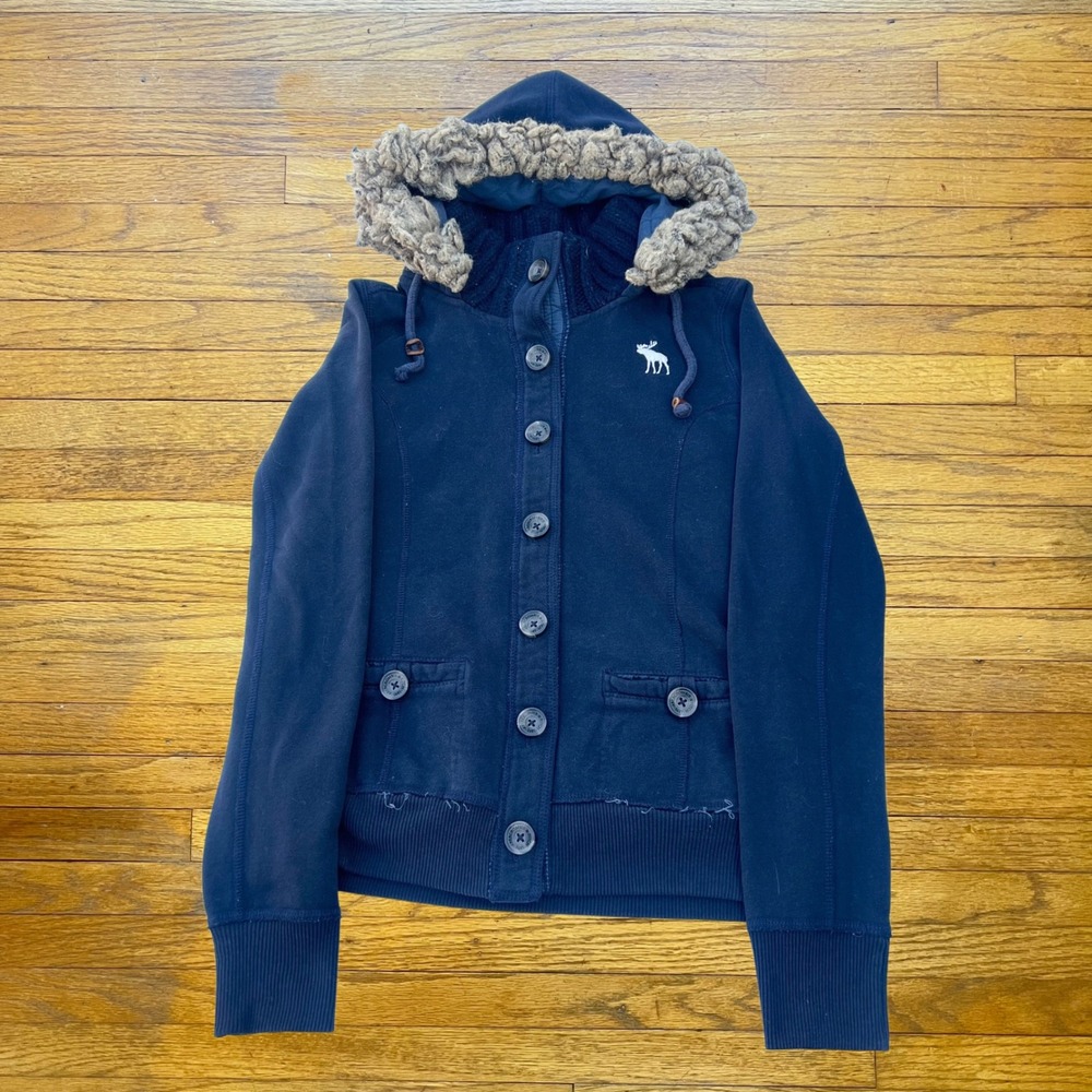 Abercrombie & Fitch Navy Blue Faux Fur Trim Button Front Hoodie Jacket Womens L